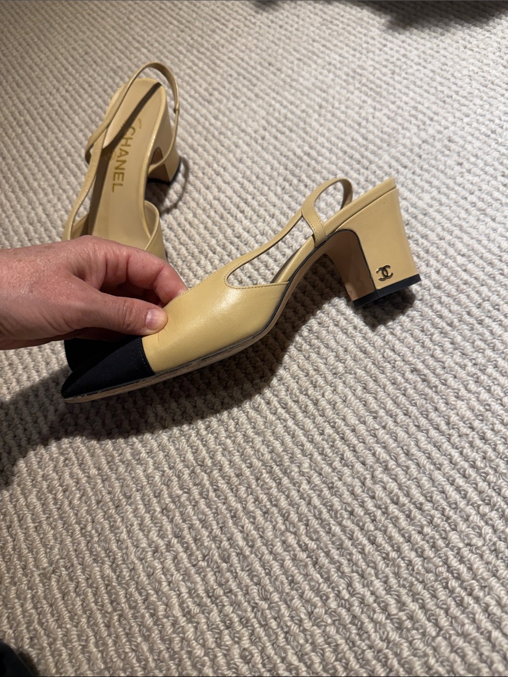 CHANEL Beige Leather Slingback Pumps with Black Cap Toe - Picture 5 of 5